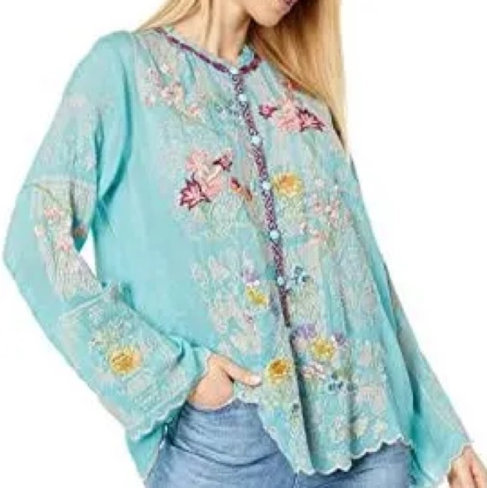 Johnny Was Turquoise Floral Embroidered Tunic Top - Picture 7 of 14